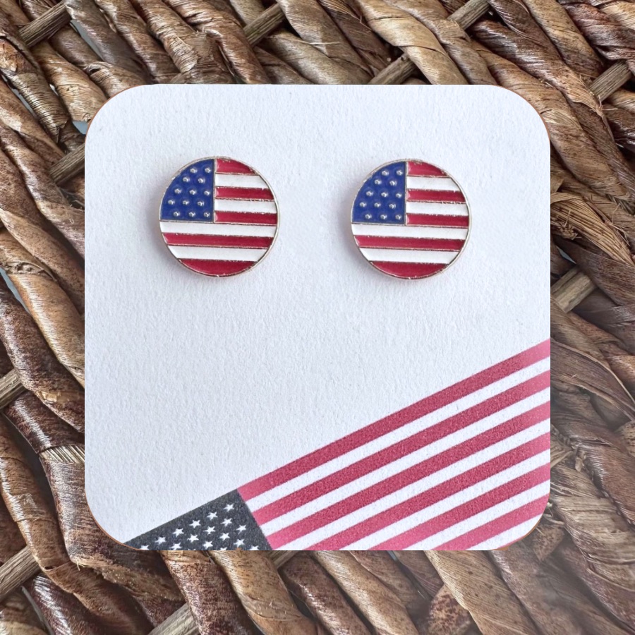 New Handmade Circular Usa Flag Stud Earrings (0.6” Diameter)